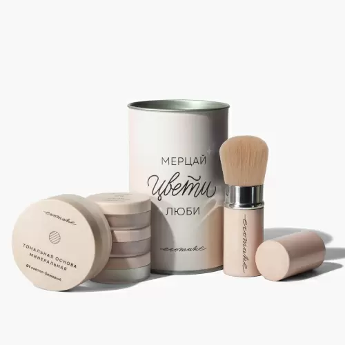 Набор для ежедневного макияжа с пудрой и золотистым хайлайтером + кисть 5в1